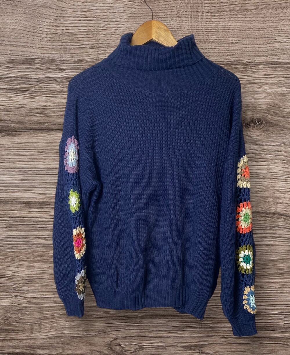 Zaful Women's Dark Blue Turtleneck Sweater with Crochet Sleeves Size Small